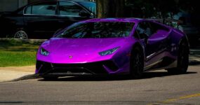 A purple car with tinted windows
